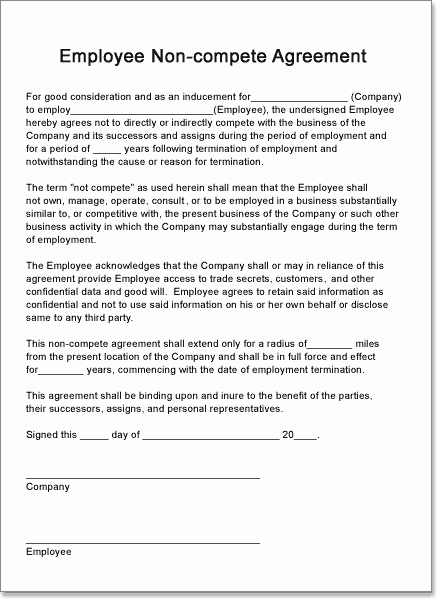Non Compete Agreement Template Free Lovely Creating A Non Pete Contract for Your Employees
