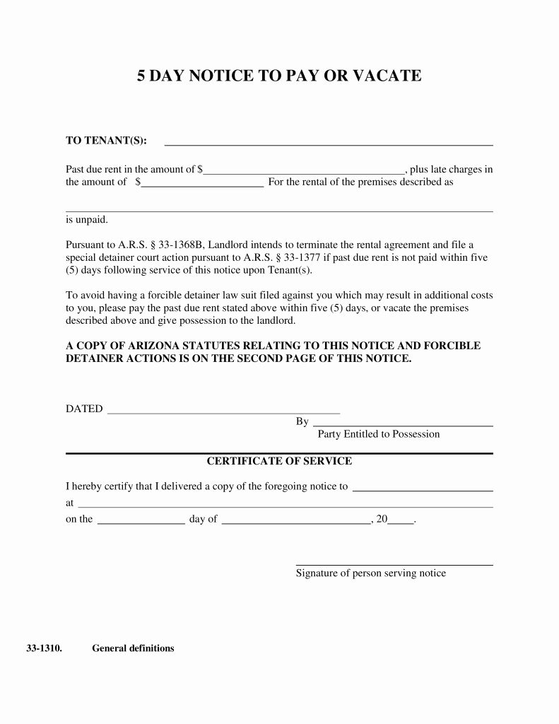 Notice to Vacate Template Inspirational Arizona 5 Day Notice to Pay or Vacate form – Notice to