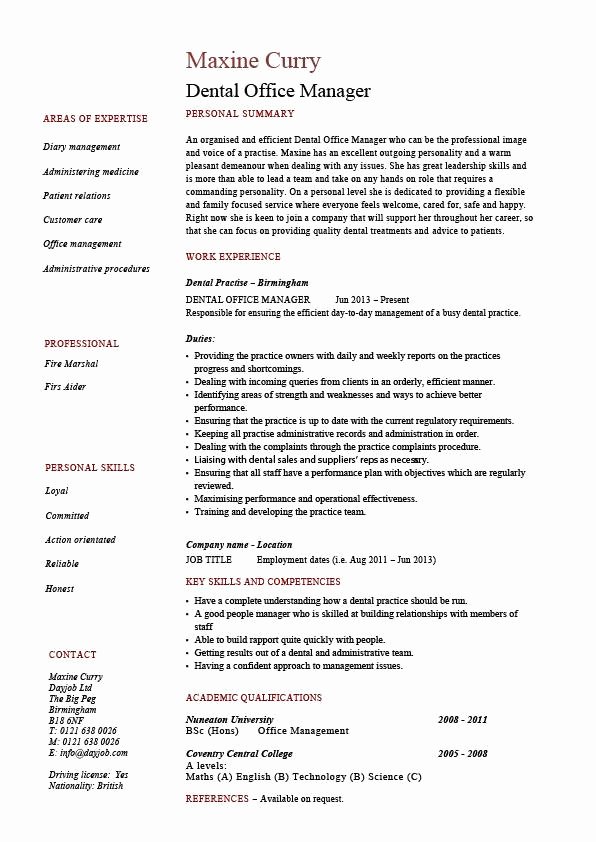 Office assistant Resume Template Fresh Dental Office Manager Resume Example Sample Template