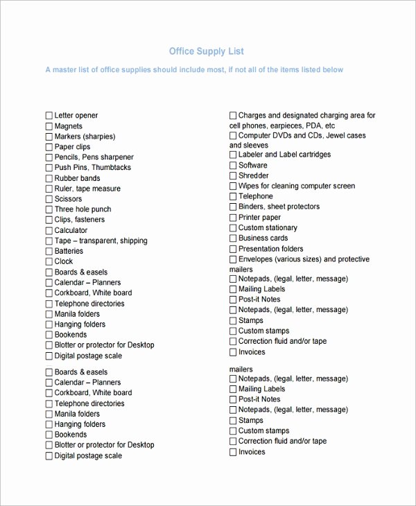 Office Supplies List Template New Sample Supply List Template 9 Free Documents Download