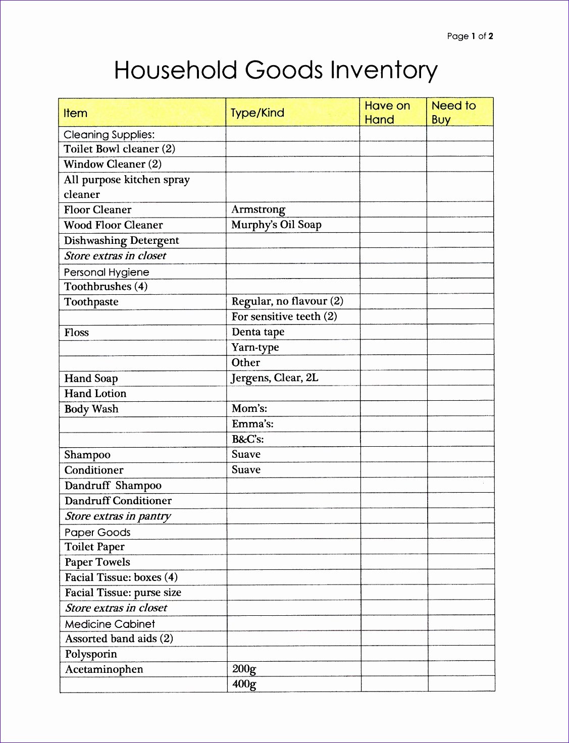 Office Supply Inventory Template Inspirational 10 Grocery List Template Excel Free Download