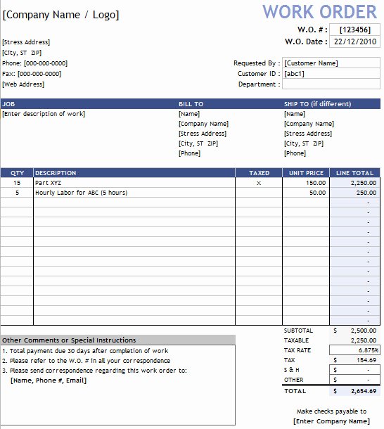 Order form Template Excel Fresh Work order Template In Excel