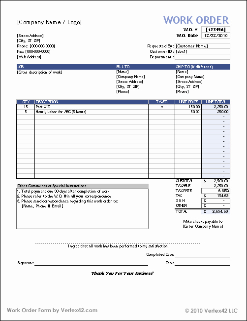 Order form Template Excel Lovely Work orders