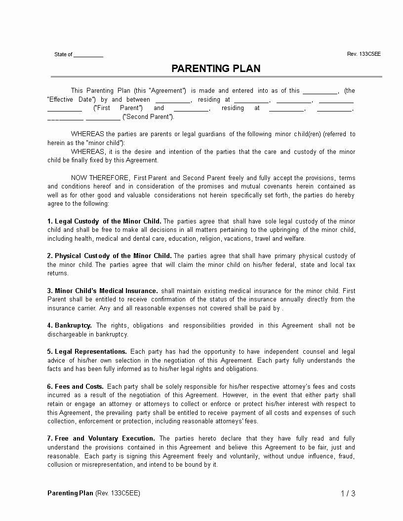 Parenting Agreement Template Free Awesome Parenting Plan Template