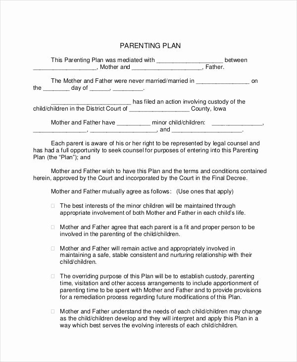 Parenting Agreement Template Free Fresh Free 6 Parenting Plan Examples &amp; Samples In Pdf