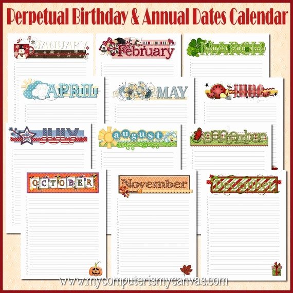 Perpetual Birthday Calendar Template Unique Items Similar to Annual Birthday Calendar Yearly Date