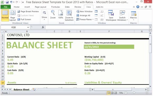 Personal Balance Sheet Template Excel Fresh Free Balance Sheet Template for Excel 2013 with Ratios