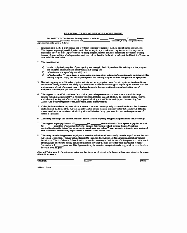 Personal Service Contract Template Fresh 2019 Personal Training Contract Template Fillable