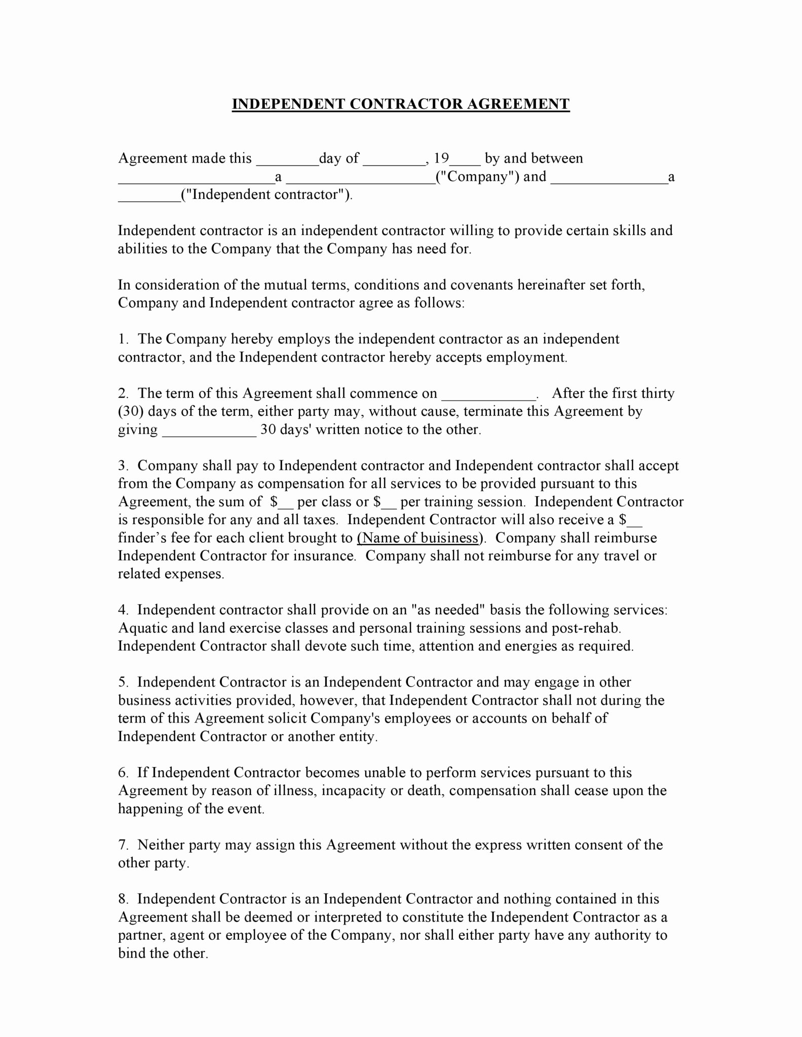 Personal Service Contract Template Inspirational Free Printable Independent Contractor Agreement