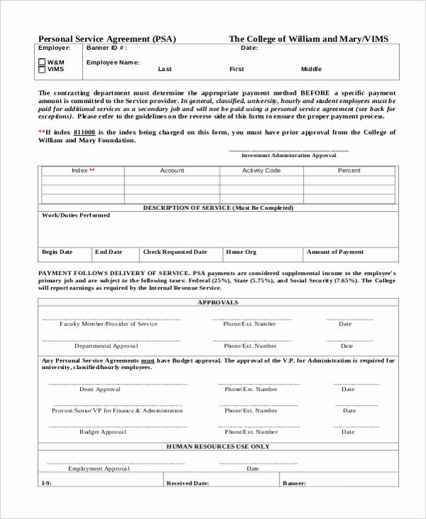 Personal Services Contract Template Inspirational Personal Agreement form Samples 9 Free Documents In Pdf
