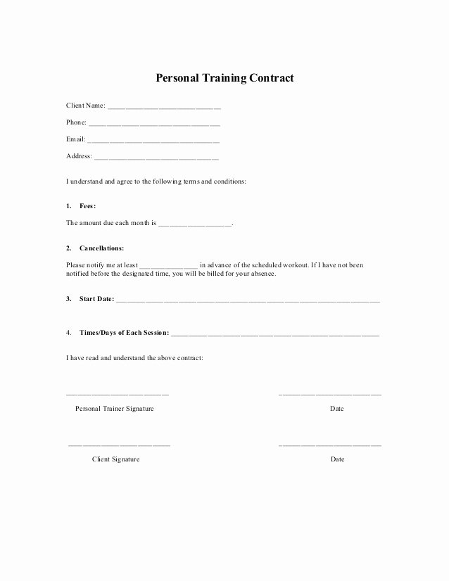 Personal Services Contract Template Unique Free Printable Personal Trainer Contract form Generic