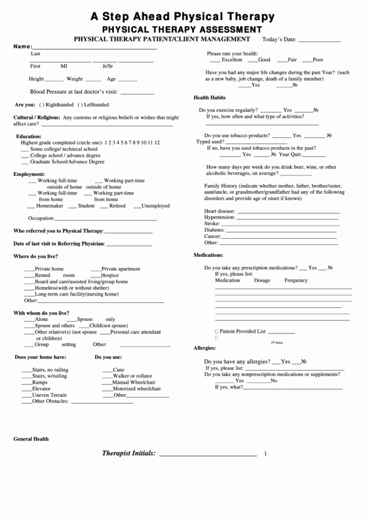 Physical therapy forms Template Unique Physical therapy assessment form Printable Pdf