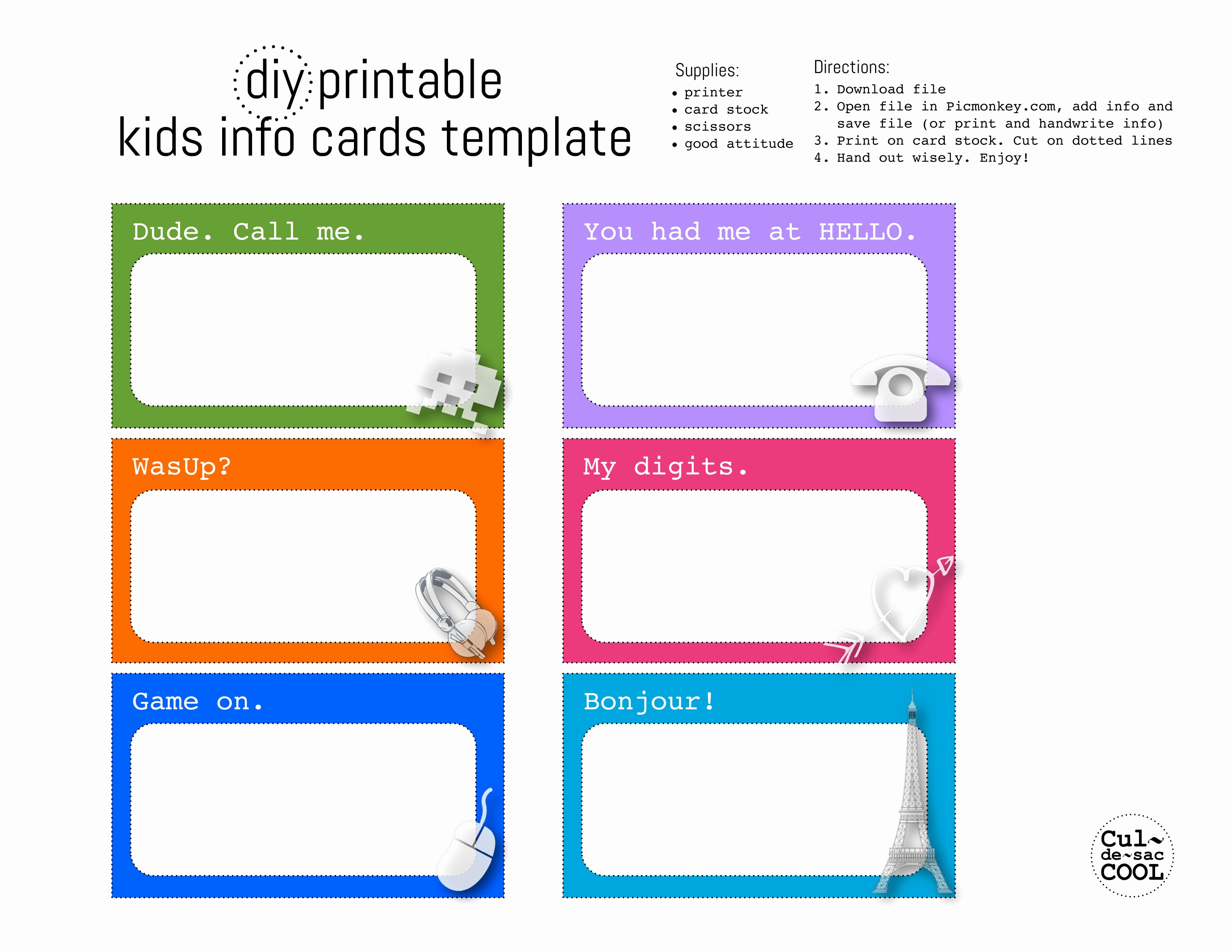 Postcard Template for Kids Unique Diy Printable Kids Info Cards Template