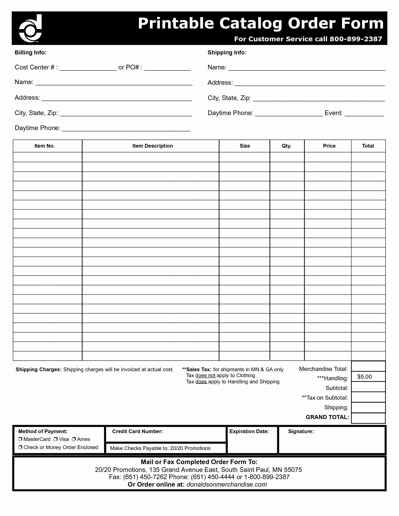Printable order form Template Lovely Free order forms Printable Catalog order form