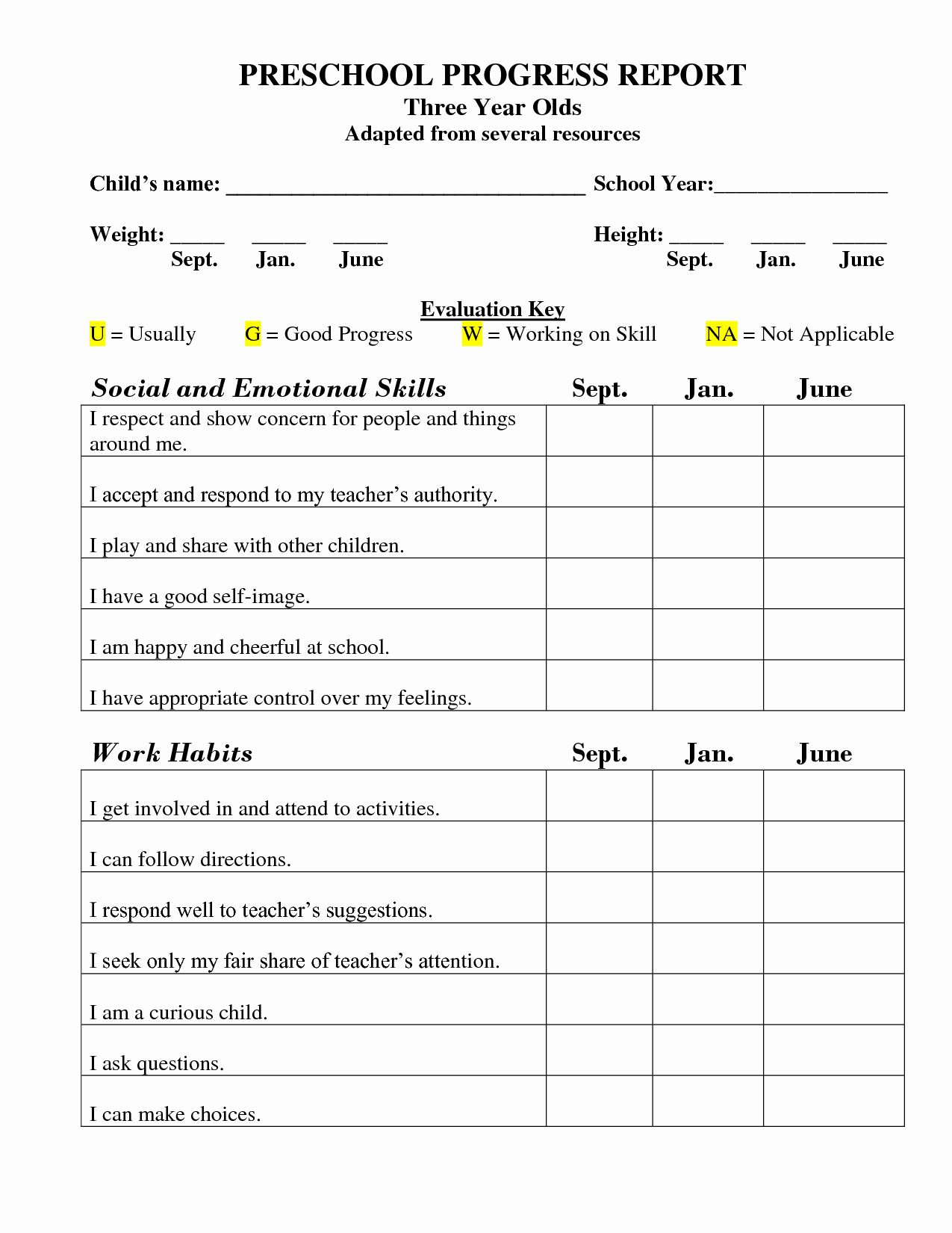 Printable Report Card Templates Best Of Printable Preschool Progress Report Template