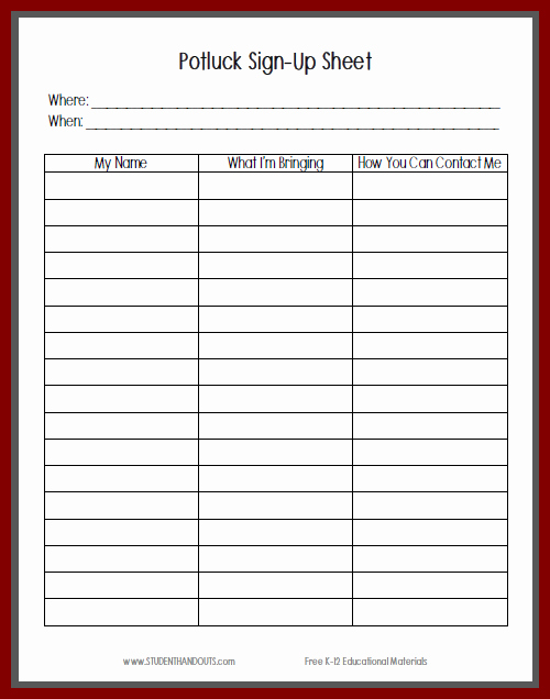 Printable Sign Up Sheet Template Unique Printable Potluck Sign Up Sheet Template for Christmas New