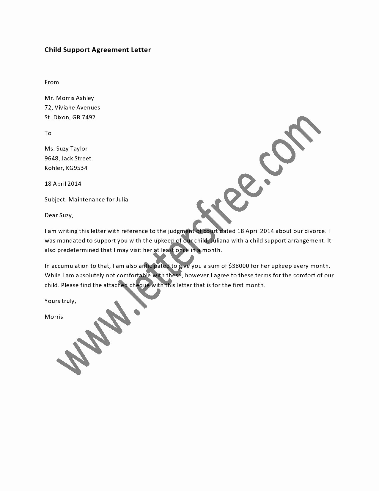 Private Child Support Agreement Template Inspirational Child Support Agreement Letter