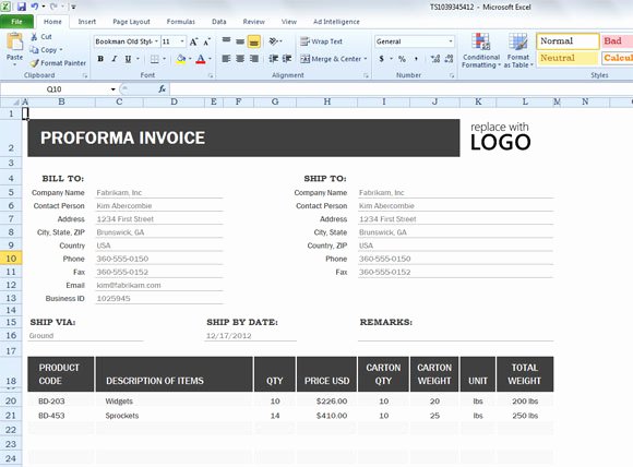 Proforma Invoice Template Excel Unique Proforma Invoice Template for Excel 2013