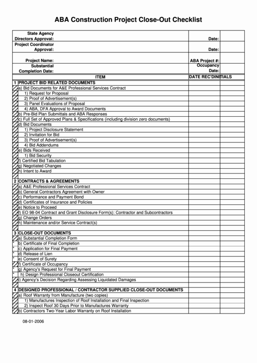 Project Closeout Checklist Template Awesome Aba Construction Project Close Out Checklist Printable Pdf