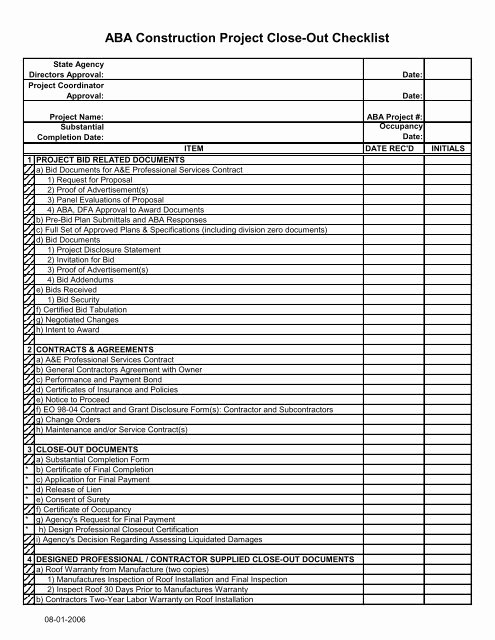 Project Closeout Checklist Template Luxury Aba Construction Project Close Out Checklist