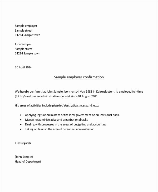 Proof Of Employment Letter Template New Free 10 Sample Proof Of Employment Letter