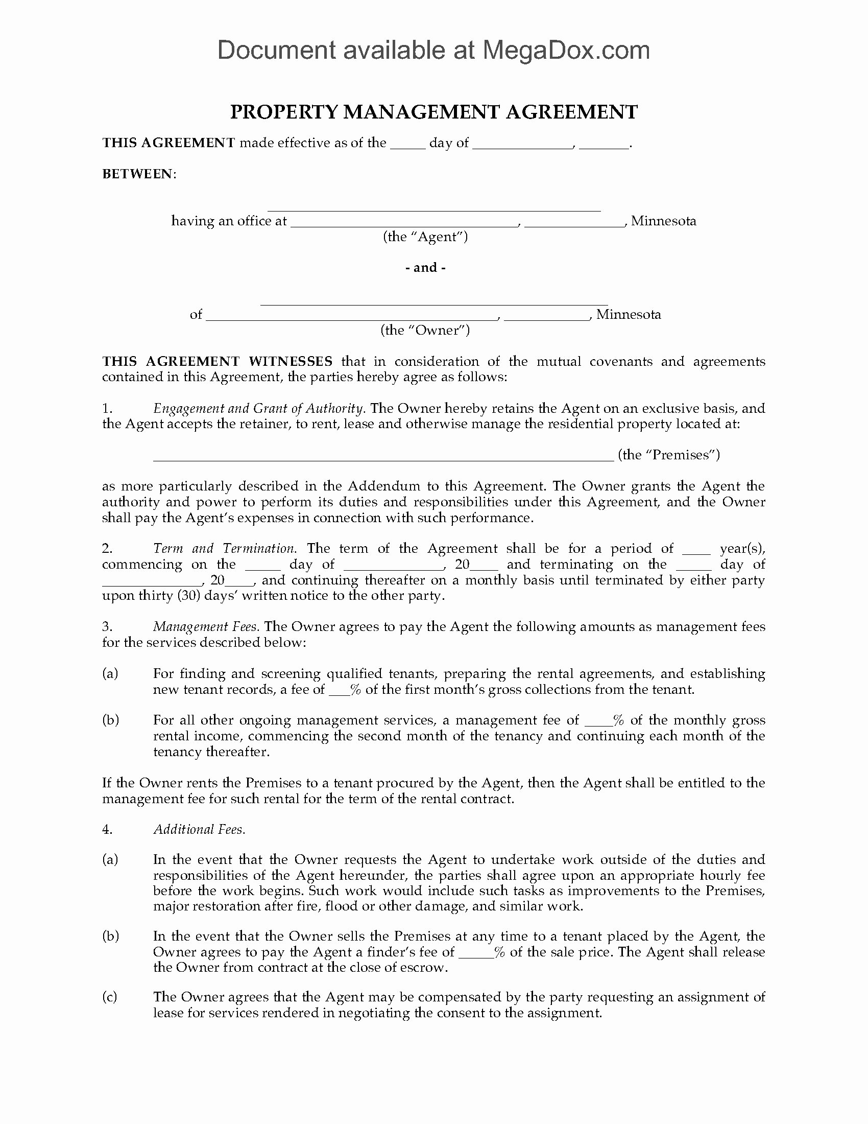 Property Management Contract Template Luxury Minnesota Rental Property Management Agreement