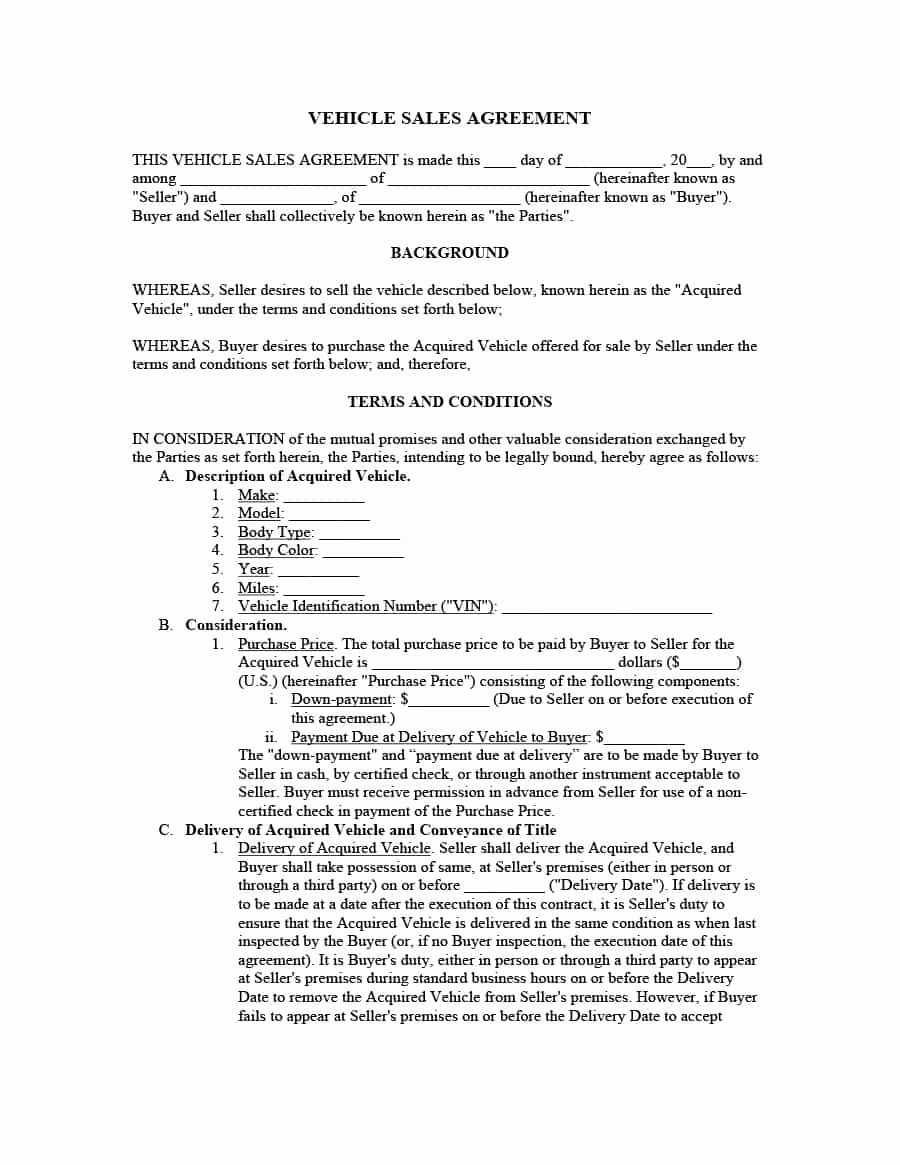 Purchase Agreement Template Free Unique 42 Printable Vehicle Purchase Agreement Templates