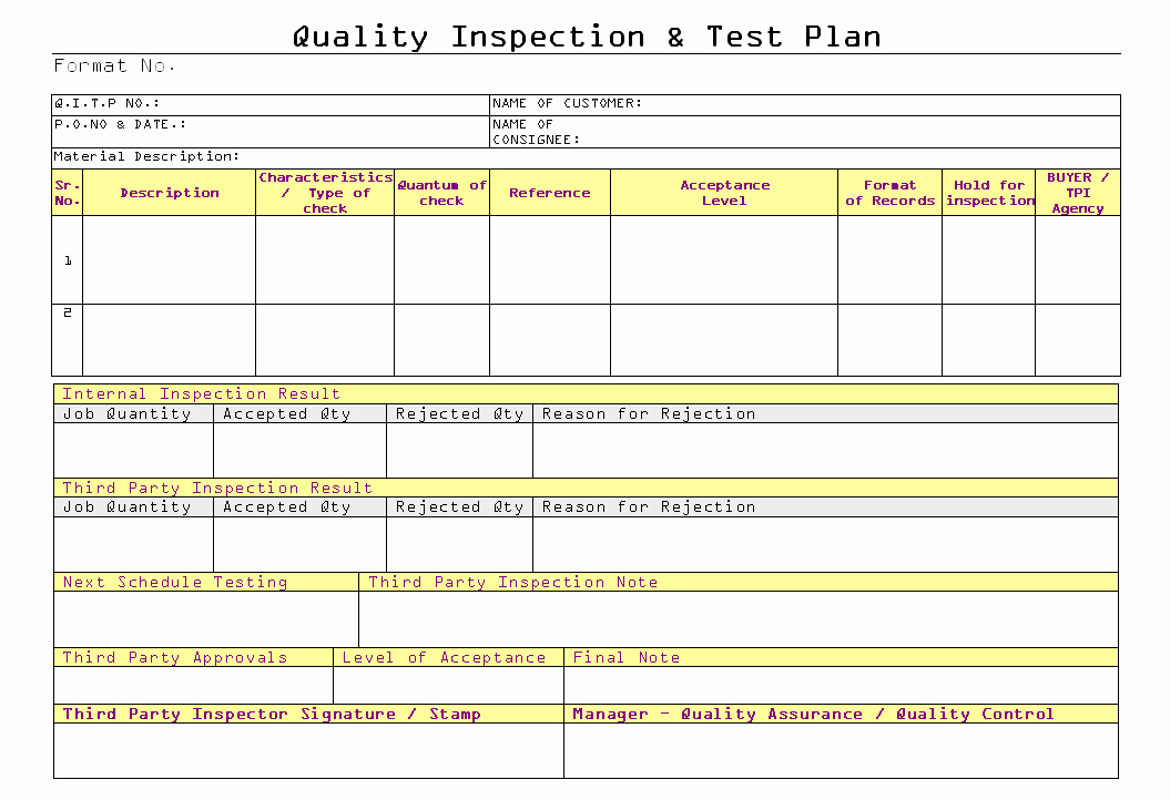 Quality Control Plan Template Excel Lovely Quality Inspection &amp; Test Plan format Samples
