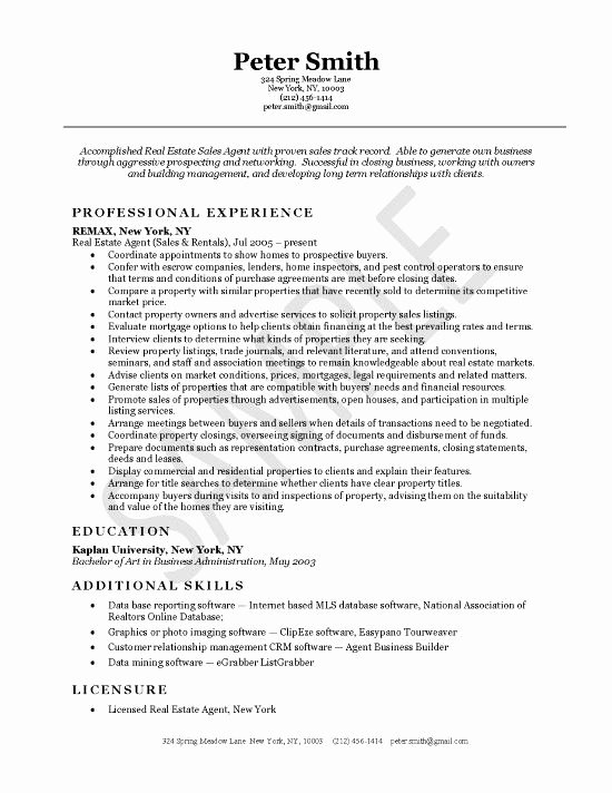 Real Estate Resume Templates Awesome Real Estate Agent Resume Example