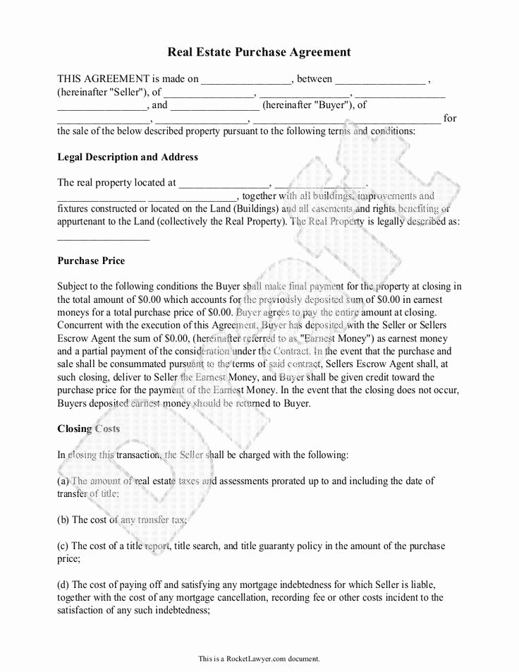 Real Estate Sales Contract Template New Real Estate Purchase Agreement form Free Templates with