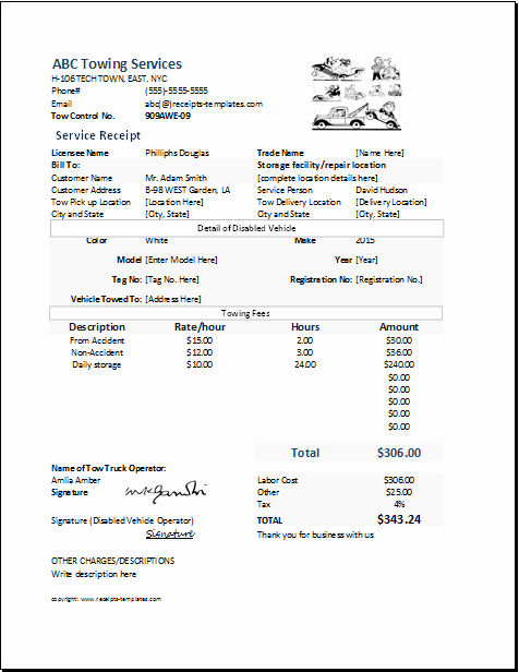 Receipt for Services Template Best Of Ms Excel towing Service Receipt Template
