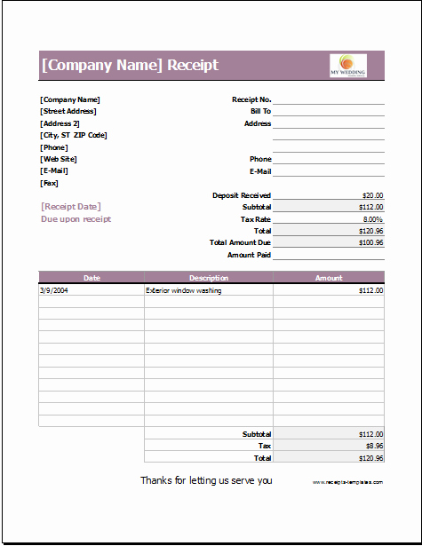 Receipt for Services Template Lovely Wedding Services Receipt Template for Excel
