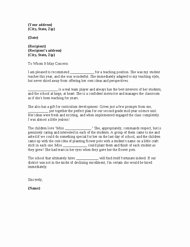 Reference Letter Template Free Beautiful A Template for A Letter Of Re Mendation for A Teacher