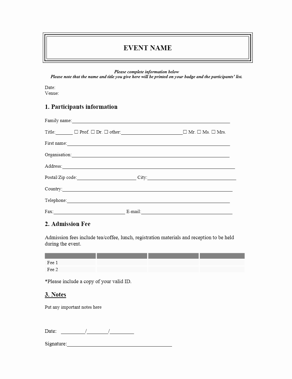 Registration form Template Word Unique event Registration form