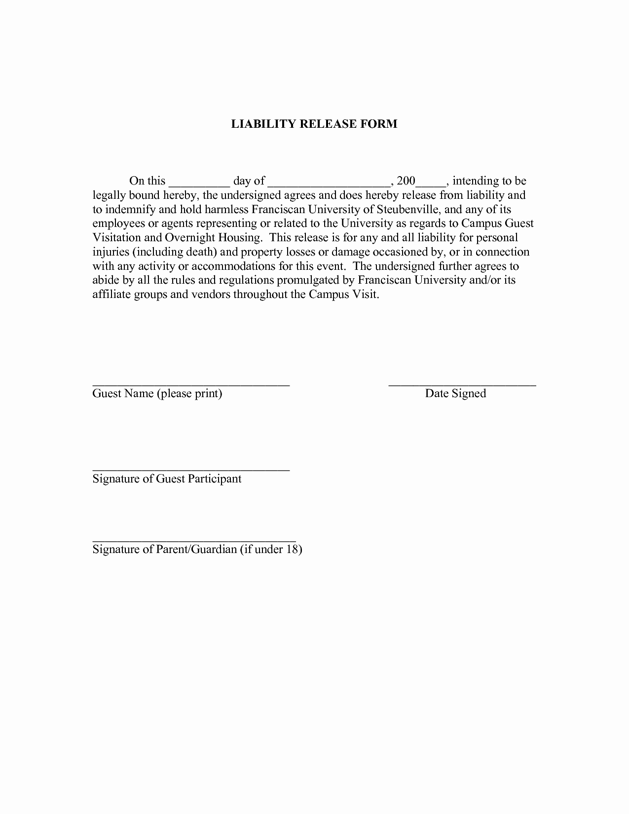 Release Of Liability form Template Awesome Free Printable Liability form form Generic