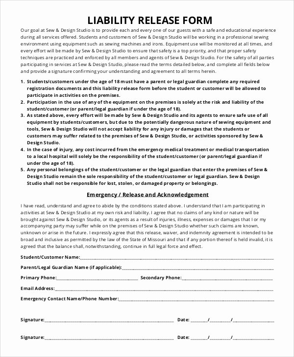 Release Of Liability form Template Lovely Sample Liability Release form 8 Examples In Pdf Word