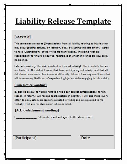 Release Of Liability form Template Luxury Liability Waiver Template