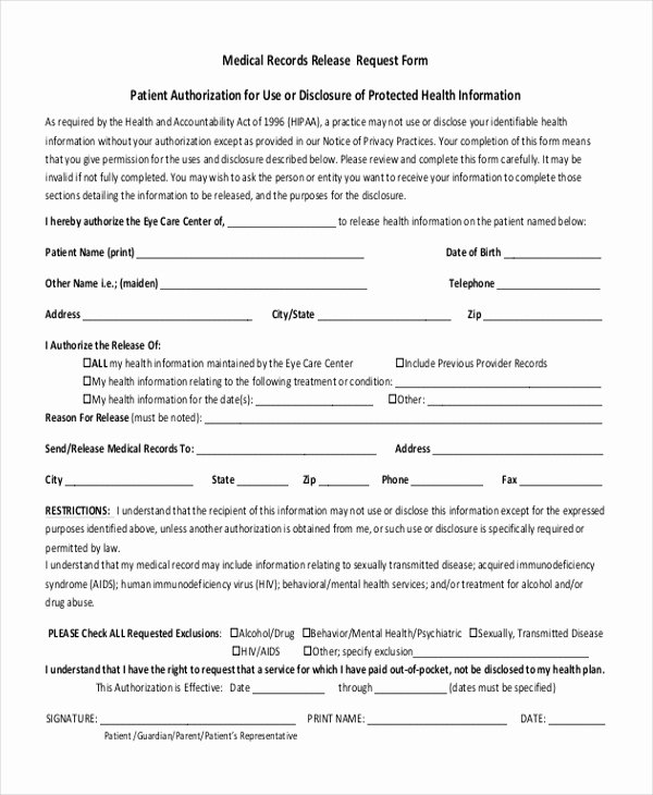 Release Of Medical Records Template Unique Sample Medical Records Release form 10 Free Documents
