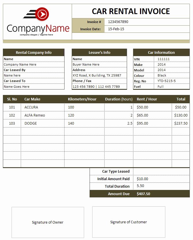 Rent Invoice Template Word Inspirational Car Rental and Sales Invoice Templates Invoice
