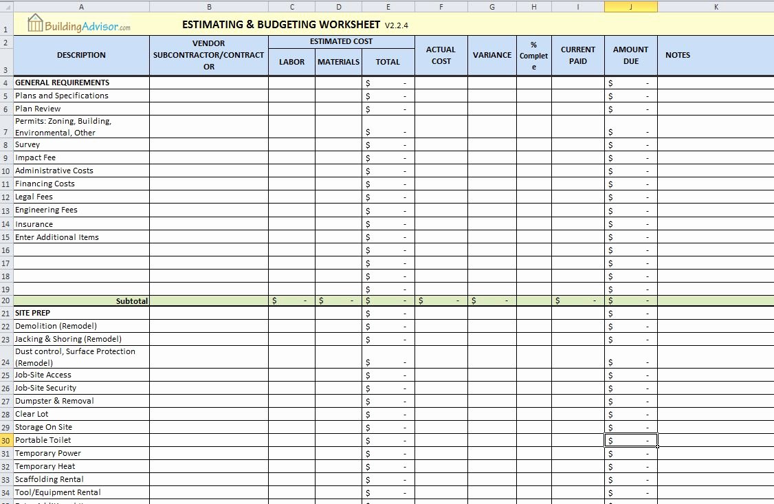 Residential Construction Budget Template Excel Inspirational Estimate &amp; Bud Your Construction Cost Using Spreadsheet