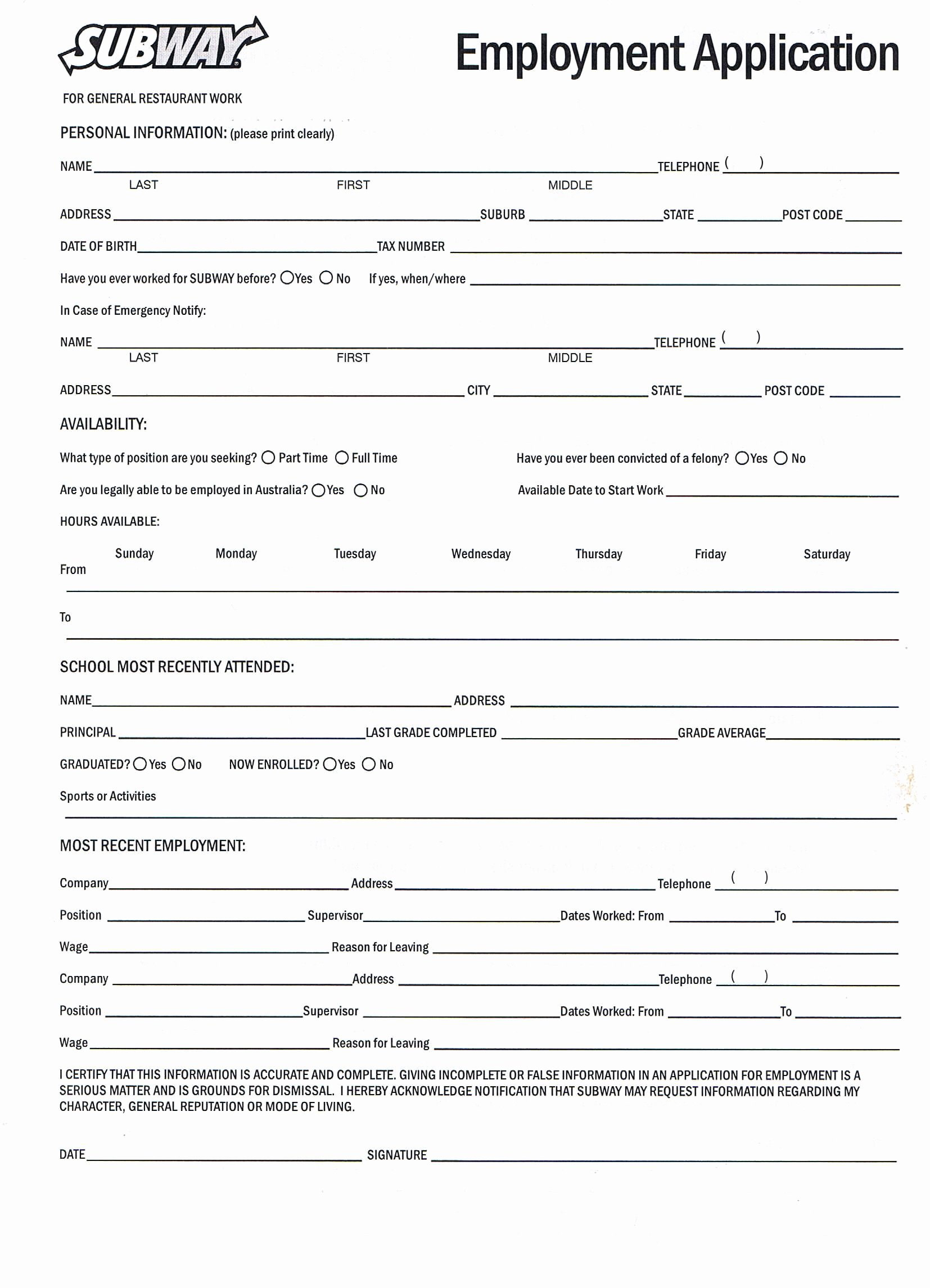 Restaurant Job Application Template Elegant Printable Job Application forms Online forms Download and