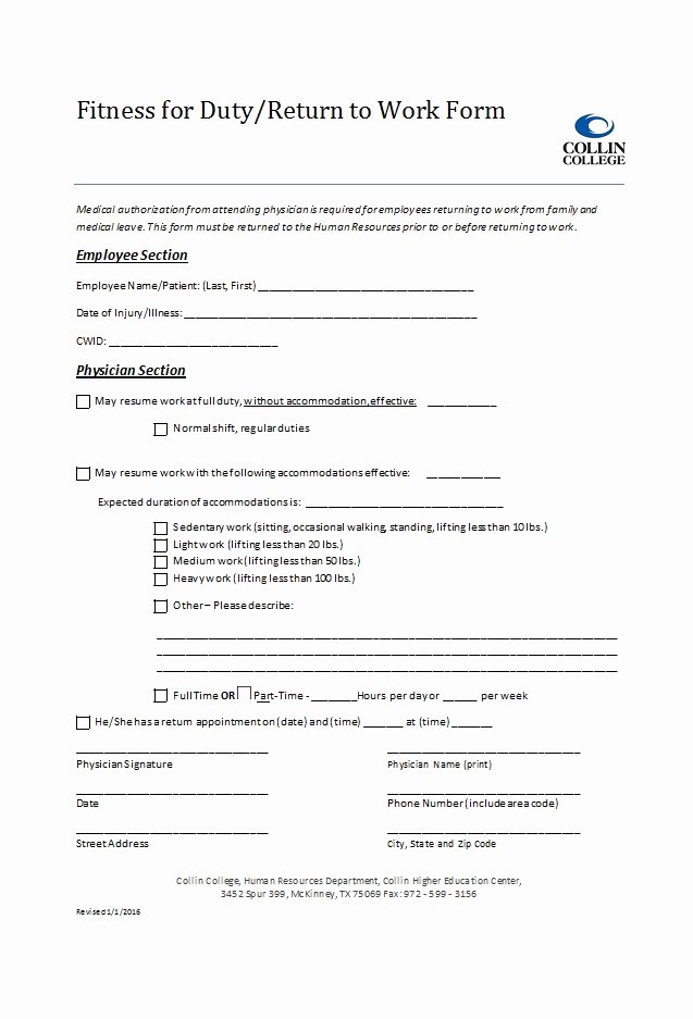 Return to Work form Template Awesome 49 Best Return to Work [&amp; Work Release forms] Template Lab