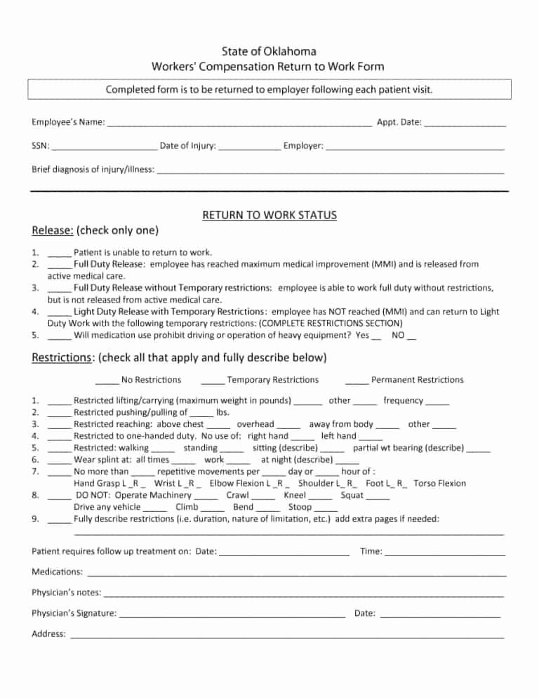 Return to Work form Template Beautiful 44 Return to Work &amp; Work Release forms Printable Templates