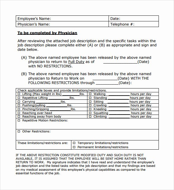 Return to Work form Template Beautiful Return to Work Medical form 15 Download Free Documents