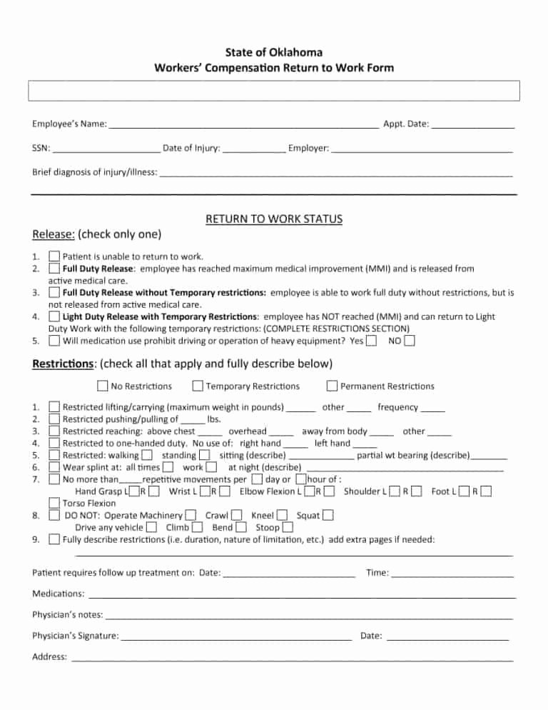 Return to Work form Template Lovely 44 Return to Work &amp; Work Release forms Printable Templates
