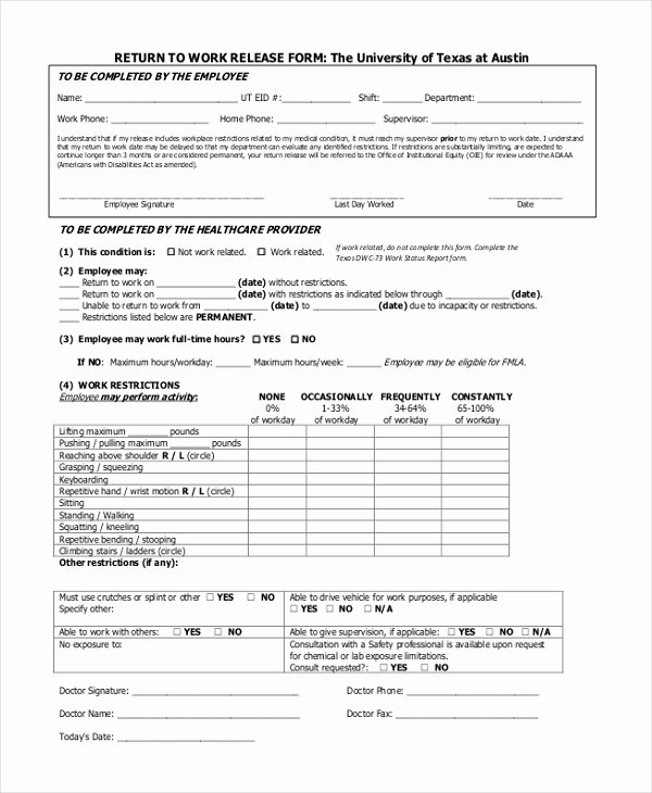 Return to Work form Template Lovely Sample Work Release form 10 Free Documents In Word Pdf