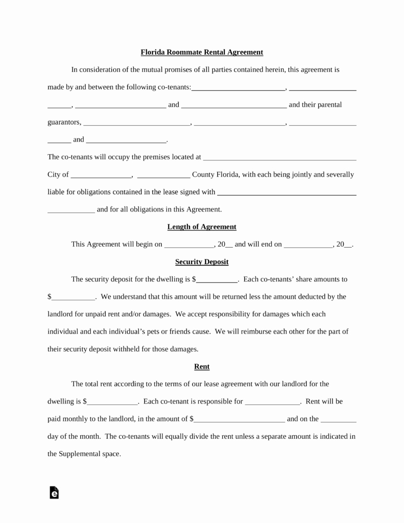 Roommate Rental Agreement Template Awesome Free Florida Roommate Room Rental Agreement Template