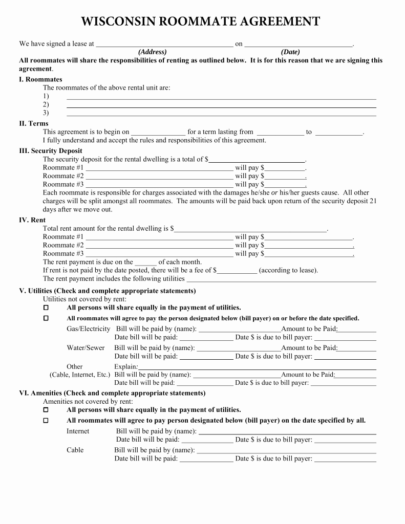 Roommate Rental Agreement Template Luxury Free Wisconsin Roommate Agreement form Pdf