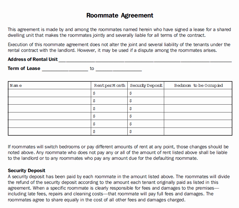 Roommate Rental Agreement Template New Printable Sample Roommate Agreement Template form