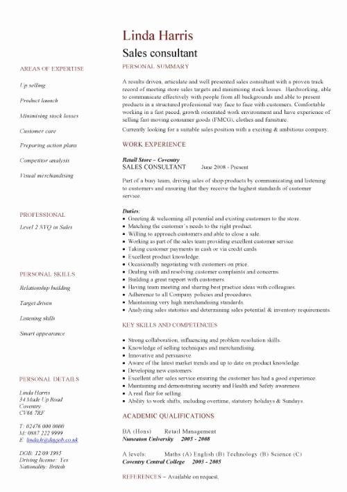 Sales Resume Template Word Lovely Sales Consultant Cv Sample